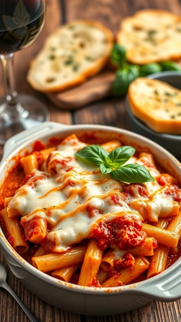 A hearty dish of baked ziti with melted cheese and marinara sauce, garnished with basil, served with garlic bread.